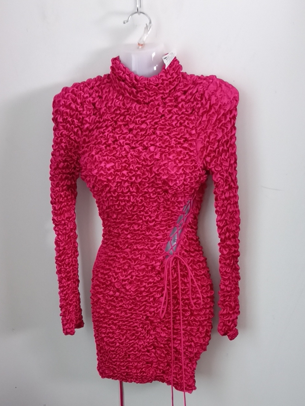 AKIRA Hot Pink Ruching Long Sleeve Bodycon Dress